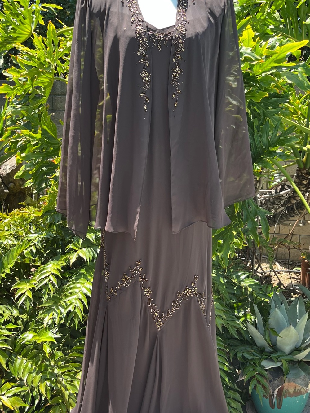 David's Bridal Brown Long Sleeve Beaded Evening Gown